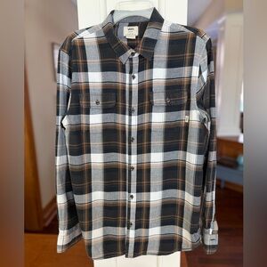 Vans Men's Medium Button Down Black, Brown, and White Plaid Shirt.